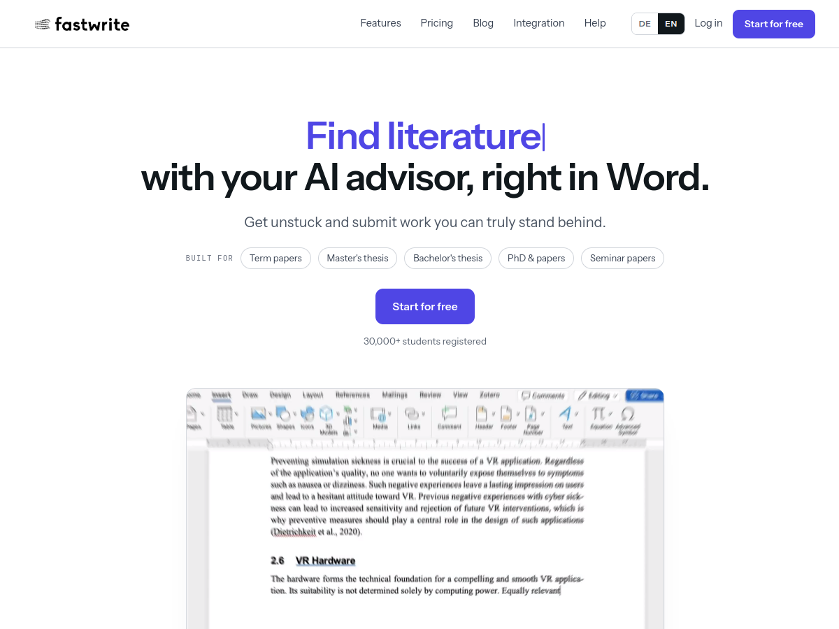 Podgląd strony oryginalnego biznesu fastwrite.io